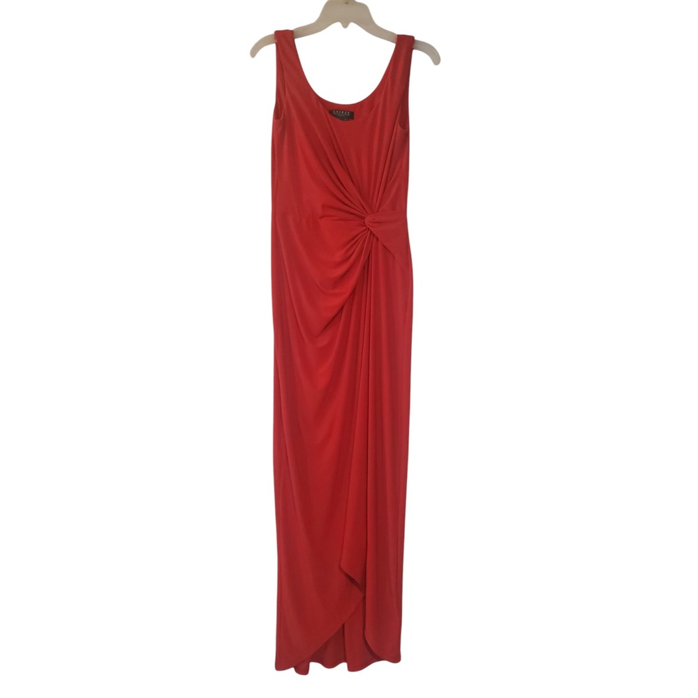 Lauren Ralph Lauren Evening Party Prom Dress Red Womens 4 Sleeveless Ruched Long